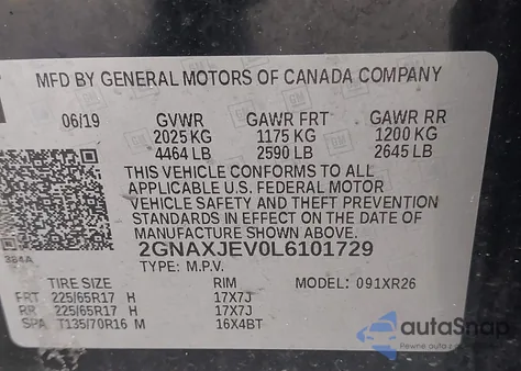 2020 Chevrolet Equinox Fwd 2Fl из США, поврежденный, VIN 2GNAXJEV0L6101729